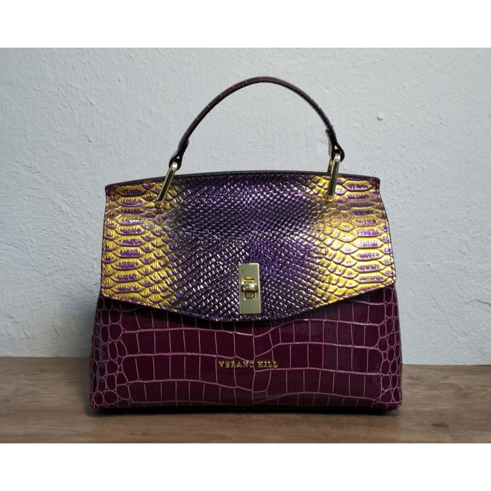 Verano Hill Versailles Croc Embossed Shoulder Bag In Purple/Gold NEW